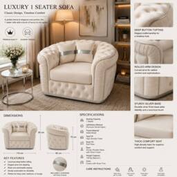 Stratus Interiors Ambassador Sofa Chesterfield Toronto Silver Trim Plush Velvet - Frills in Cream - thumbnail 3