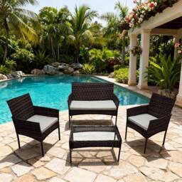Alivio 4 Seater Rattan Furniture Set with Coffee Table & Cushions (Black) in Brown - thumbnail 4