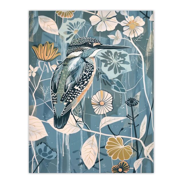 "Artery8 Blue Kingfisher Bird Floral Branch Flower Pattern Wall Art Print - Size: W24"" x H32""" - image 1