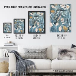 "Artery8 Blue Kingfisher Bird Floral Branch Flower Pattern Wall Art Print - Size: W24"" x H32""" - thumbnail 3