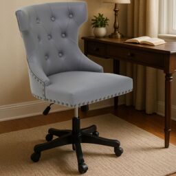 Orsina Black Leather‑Effect Office Chair, Tufted Wingback Seat with Studded Trim, Height‑Adjustable Swivel Chair in Grey - thumbnail 1