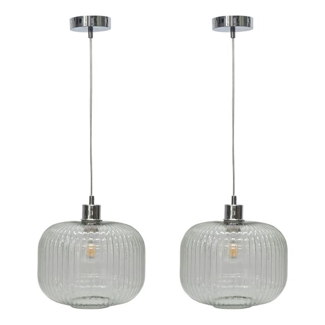 First Choice Lighting Set of 2 Batley Large - Clear Ribbed Glass with Chrome Pendant Fitting - image 1