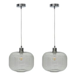 First Choice Lighting Set of 2 Batley Large - Clear Ribbed Glass with Chrome Pendant Fitting - thumbnail 1