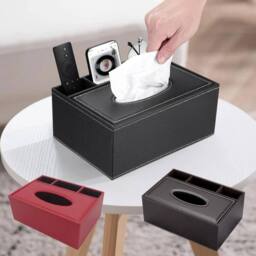 FLAVORA PU Leather Rectangular Tissue Box Cover Holder in Black - Size: 500mm - thumbnail 3