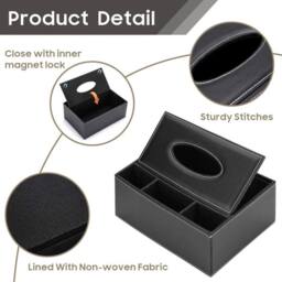 FLAVORA PU Leather Rectangular Tissue Box Cover Holder in Black - Size: 500mm - thumbnail 4