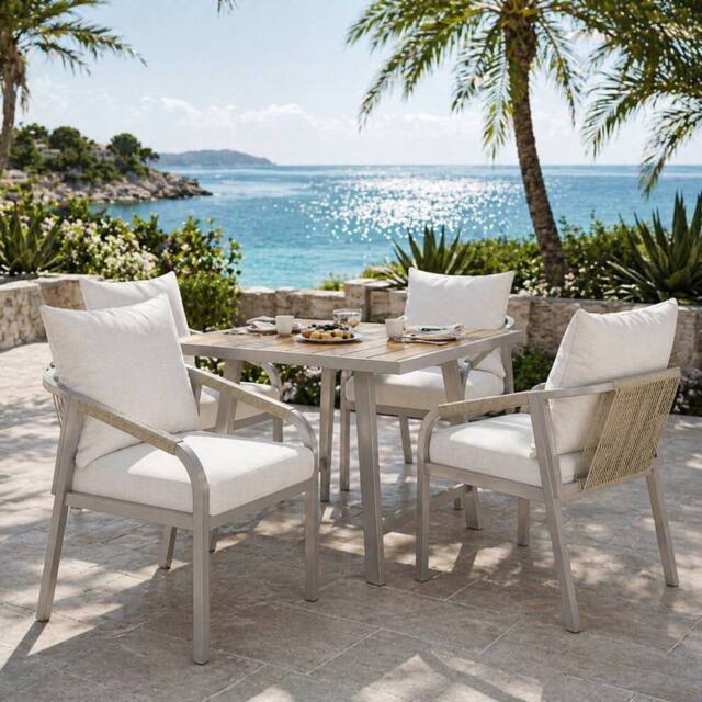 Merax Beige 4 Seater Garden Dining Set with Umbrella Hole Table & 4 Chairs - image 1