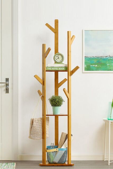 Living and Home Wooden Coat Stand Rack 8 Hooks Corner Clothes Hanger Holder 3-tier Storage Shelf Garment Rack in Brown - image 1