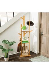 Living and Home Wooden Coat Stand Rack 8 Hooks Corner Clothes Hanger Holder 3-tier Storage Shelf Garment Rack in Brown - thumbnail 2