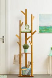 Living and Home Wooden Coat Stand Rack 8 Hooks Corner Clothes Hanger Holder 3-tier Storage Shelf Garment Rack in Brown