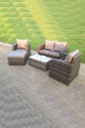 Fimous Rattan Garden Furniture Set Adjustable Chair Sofa Double Love Seat 2 Seater Sofa Oblong Coffee Table Footstool in Dark Grey - thumbnail 1