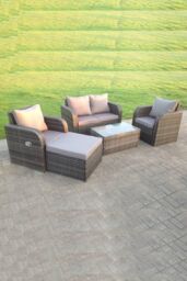Fimous Rattan Garden Furniture Set Adjustable Chair Sofa Double Love Seat 2 Seater Sofa Oblong Coffee Table Footstool in Dark Grey - thumbnail 2