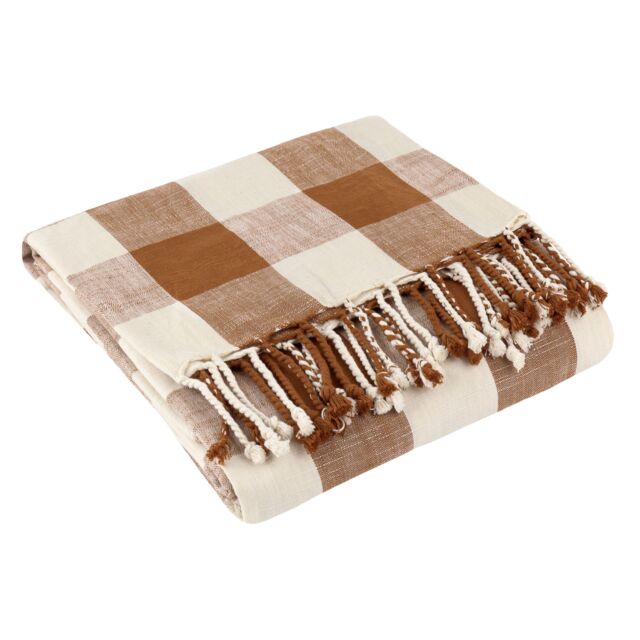 Yard Chesil Check Tasselled 100% Cotton Throw in Brown - Size: 130 cm x 170 cm - image 1