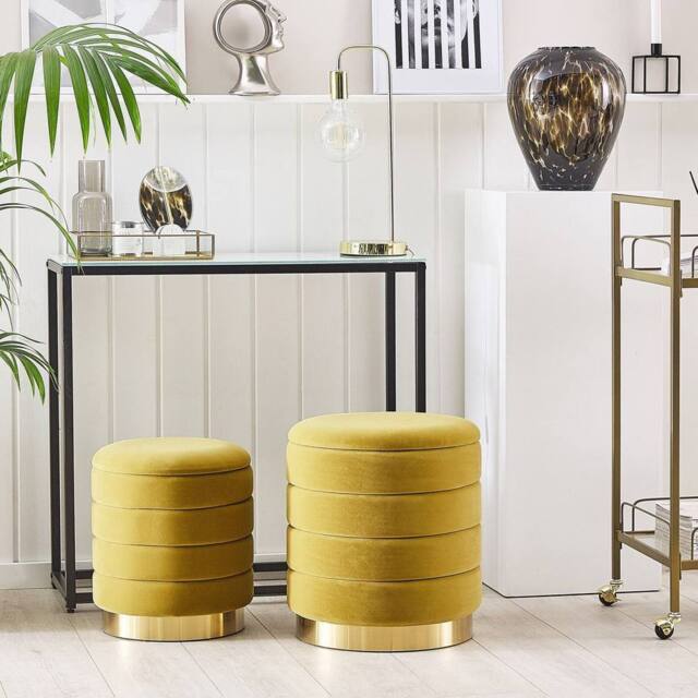 Wyld and Coco Yellow Storage Pouffes Set Tufted Velvet Gold Stainless Steel Base - image 1