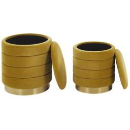 Wyld and Coco Yellow Storage Pouffes Set Tufted Velvet Gold Stainless Steel Base - thumbnail 3