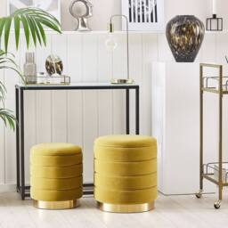 Wyld and Coco Yellow Storage Pouffes Set Tufted Velvet Gold Stainless Steel Base - thumbnail 1
