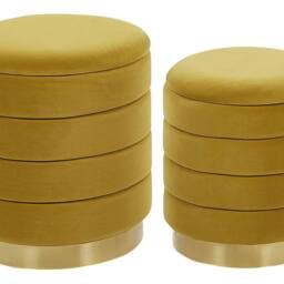 Wyld and Coco Yellow Storage Pouffes Set Tufted Velvet Gold Stainless Steel Base - thumbnail 2