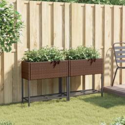 Berkfield Home Garden Planters with Shelf 2 pcs Brown 70x28x70 cm Poly Rattan - Size: 70 x 28 x 70 cm - thumbnail 3