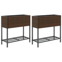 Berkfield Home Garden Planters with Shelf 2 pcs Brown 70x28x70 cm Poly Rattan - Size: 70 x 28 x 70 cm - thumbnail 2