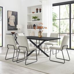 FurnitureboxUK Leonardo Black Top Dining Table & 6 Halley Fabric Chairs in Cream