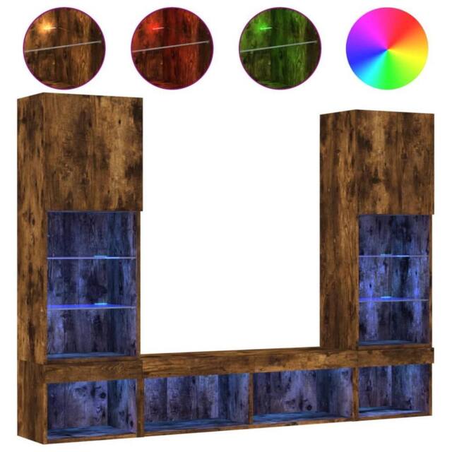 Berkfield Home 5 Piece TV Wall Units with LED Smoked Oak Engineered Wood in Brown - image 1