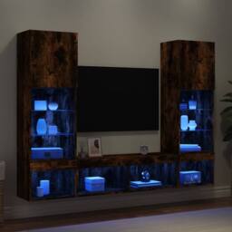 Berkfield Home 5 Piece TV Wall Units with LED Smoked Oak Engineered Wood in Brown - thumbnail 2