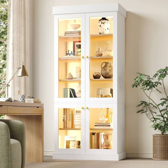 Merax Modern Tall Glass Display Cabinet with Multicolour LED Lighting in White - image 1