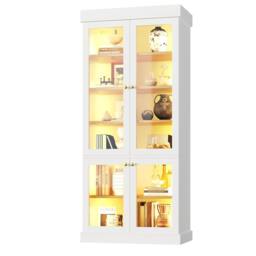 Merax Modern Tall Glass Display Cabinet with Multicolour LED Lighting in White - thumbnail 7