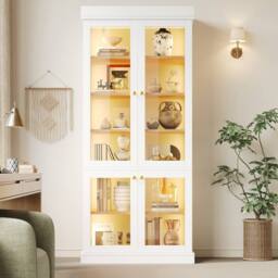 Merax Modern Tall Glass Display Cabinet with Multicolour LED Lighting in White - thumbnail 3