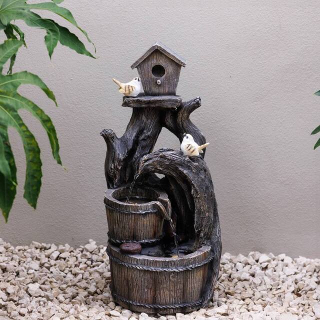Primrose Home To Roost Bird Birdhouse Outdoor Water Feature with LEDs 58cm in Grey - image 1