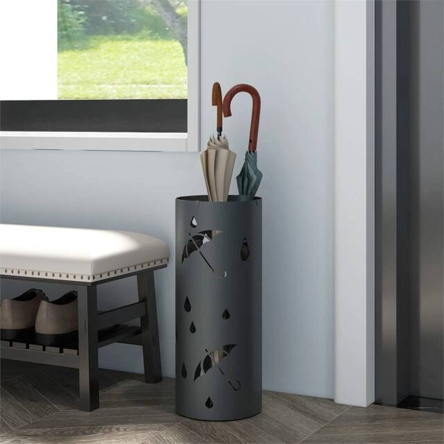 Nordara Round Umbrella Stand Hallway Holder 4 Hooks Drip Tray in Dark Grey - image 1