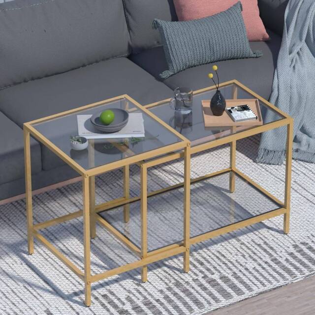 Huhote Nesting Tables 2 Set Glass Top Metal Frame End Table for Living Room in Gold - image 1