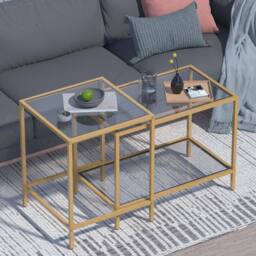 Huhote Nesting Tables 2 Set Glass Top Metal Frame End Table for Living Room in Gold - thumbnail 1