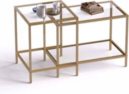 Huhote Nesting Tables 2 Set Glass Top Metal Frame End Table for Living Room in Gold - thumbnail 2