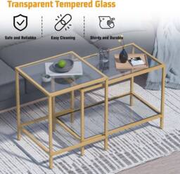 Huhote Nesting Tables 2 Set Glass Top Metal Frame End Table for Living Room in Gold - thumbnail 9