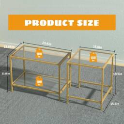Huhote Nesting Tables 2 Set Glass Top Metal Frame End Table for Living Room in Gold - thumbnail 4