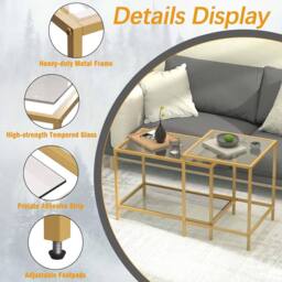 Huhote Nesting Tables 2 Set Glass Top Metal Frame End Table for Living Room in Gold - thumbnail 8