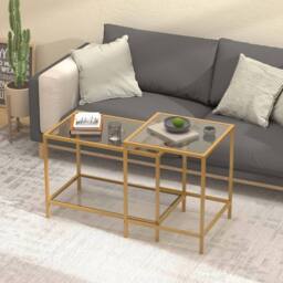 Huhote Nesting Tables 2 Set Glass Top Metal Frame End Table for Living Room in Gold - thumbnail 3
