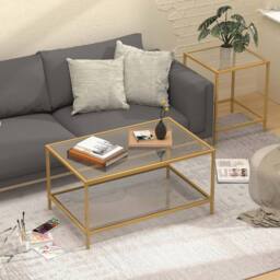Huhote Nesting Tables 2 Set Glass Top Metal Frame End Table for Living Room in Gold - thumbnail 5