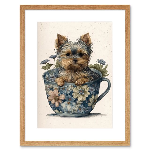 "Artery8 Wall Art Print Cute Teacup Yorkshire Terrier Dog & Flowers in Floral Tea Cup Modern Watercolour Artwork Framed 9X7 Inch - Size: W7"" x H9""" - image 1