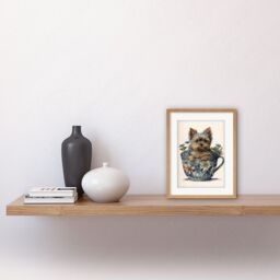 "Artery8 Wall Art Print Cute Teacup Yorkshire Terrier Dog & Flowers in Floral Tea Cup Modern Watercolour Artwork Framed 9X7 Inch - Size: W7"" x H9""" - thumbnail 2