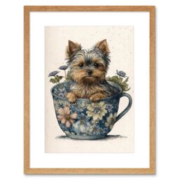 "Artery8 Wall Art Print Cute Teacup Yorkshire Terrier Dog & Flowers in Floral Tea Cup Modern Watercolour Artwork Framed 9X7 Inch - Size: W7"" x H9""" - thumbnail 1