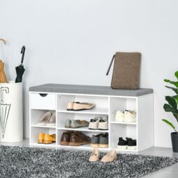 HOMCOM Shoe Storage Bench with Cushion 7 Compartments Adjustable Shelves in White