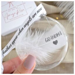 Amaya Rose Ltd In Memory of Grandma Feather Round Bauble Gift Boxed. Memorial Décor in Clear - thumbnail 2