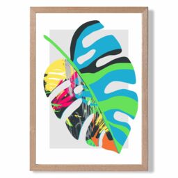 ARTZE Monstera Blue & Green Abstract Minimalist Framed Print SIZE: A2 with Oak Frame in Mid Blue - Size: A3 - thumbnail 1