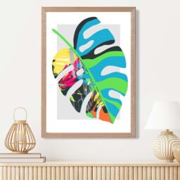 ARTZE Monstera Blue & Green Abstract Minimalist Framed Print SIZE: A2 with Oak Frame in Mid Blue - Size: A3 - thumbnail 2