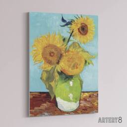 "Artery8 Vase with Three Sunflowers Van Gogh Vintage Canvas Wall Art in Blue - Size: W18"" x H24""" - thumbnail 2