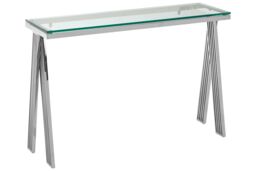 Orsina Clear Glass Console Table, Silver Finished Center Table With Stainless Steel Frame, Modern Hallway Table