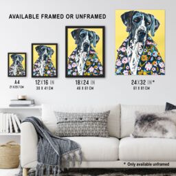 "Artery8 Dog Lover Great Dane in Floral Hawaiian Shirt Wall Art Print in Yellow - Size: W18"" x H24""" - thumbnail 3