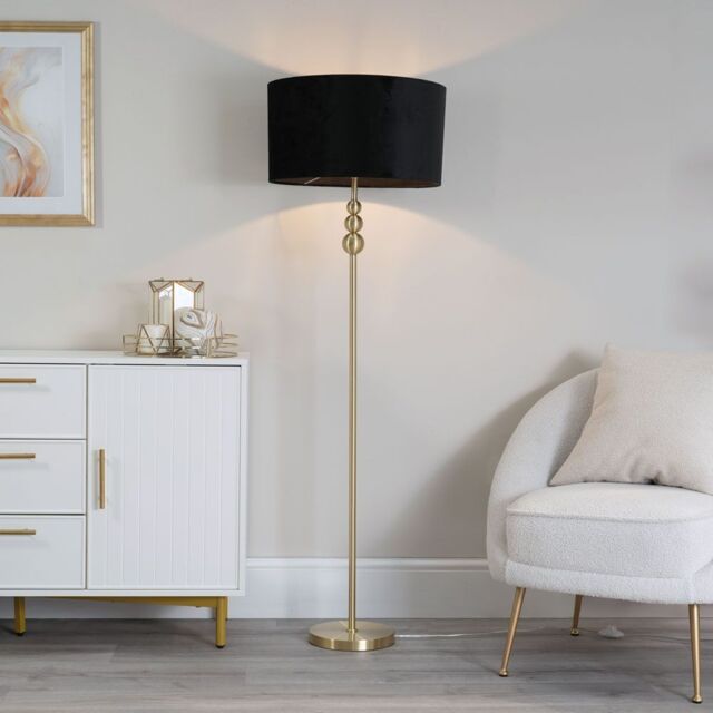 ValueLights Marissa Velvet Drum Shade with Brushed Gold Stacked Ball Floor Lamp in Black - image 1