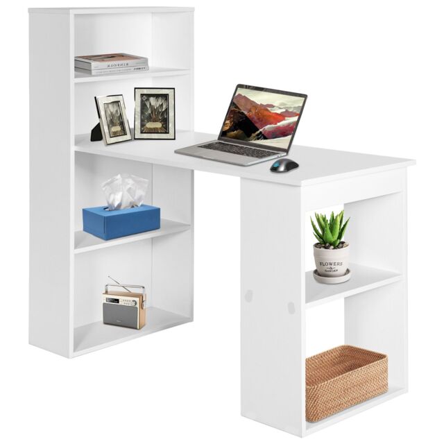 Costway Computer Writing Desk w/ Bookcase 6-tier Shelves Reversible Home Office Dorm in White - image 1